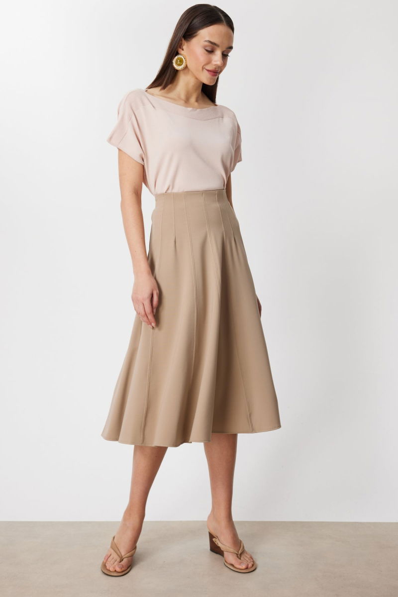 On Kadın Dikiş Detaylı Midi Boy Etek 74217 Bej - 2