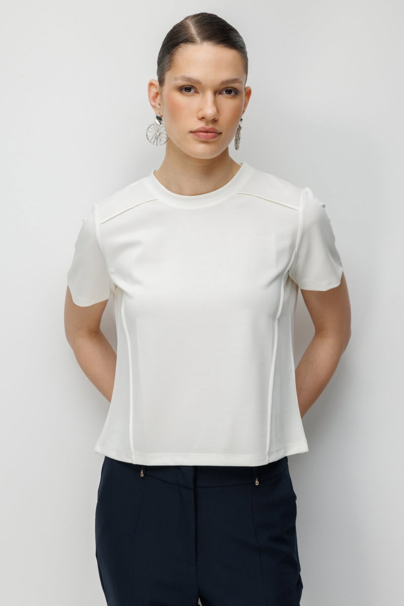 On Kadın Dikiş Detaylı Sıfır Yaka T-Shirt 71458 Ekru - On