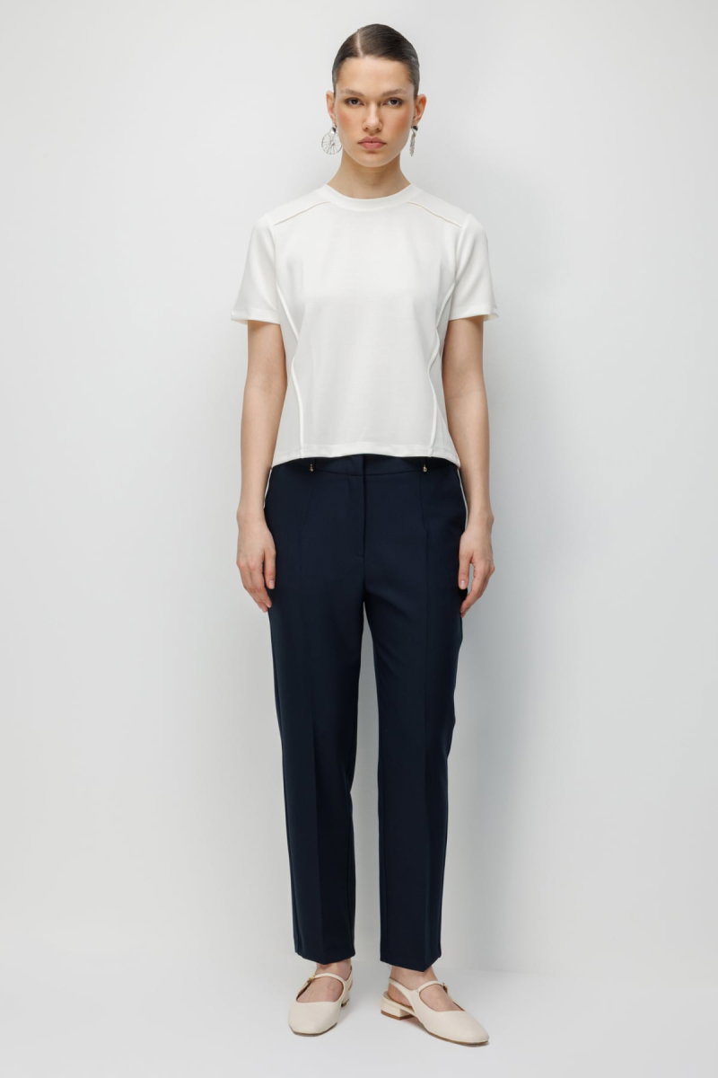 On Kadın Dikiş Detaylı Sıfır Yaka T-Shirt 71458 Ekru - 4