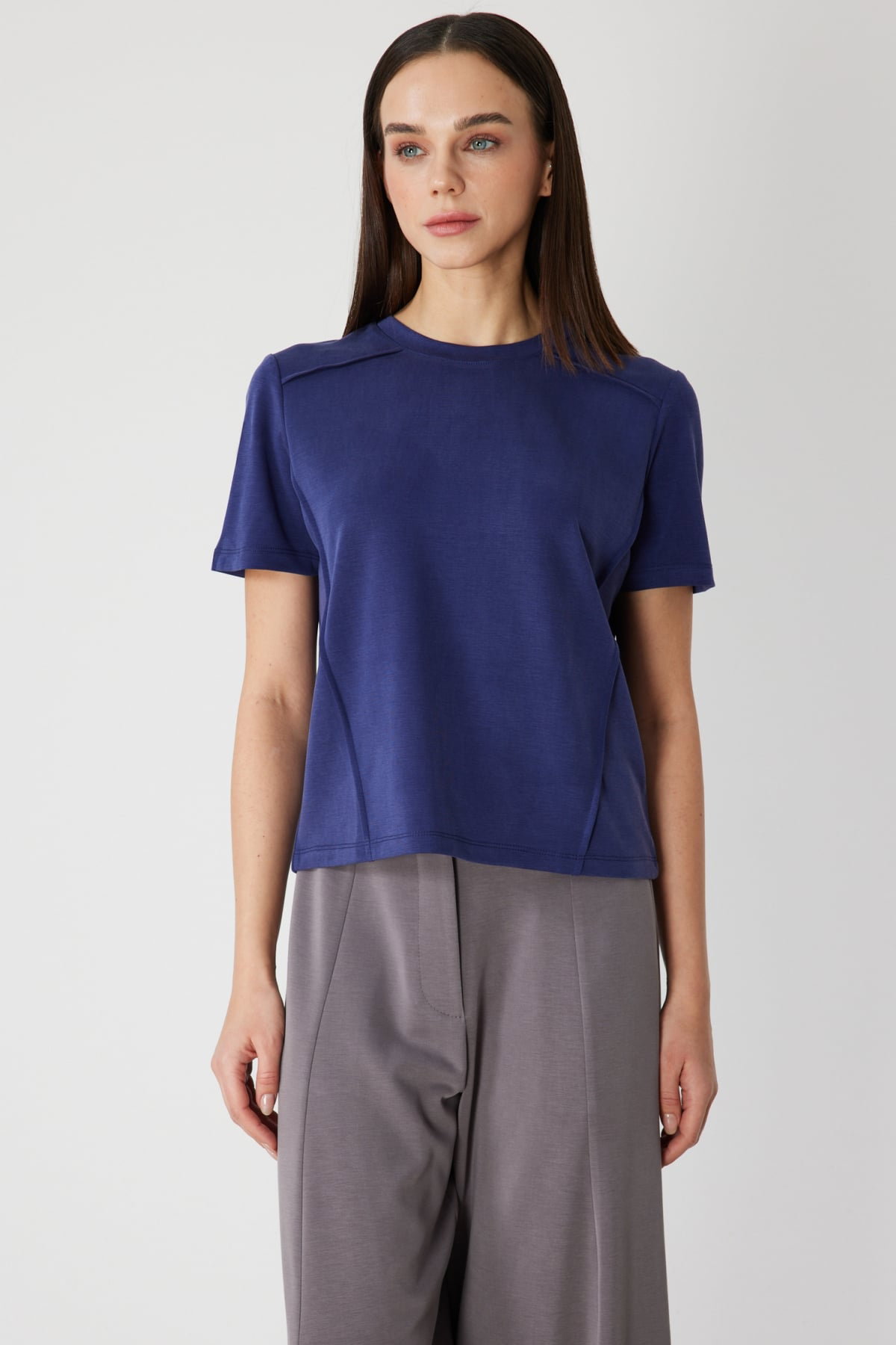 On Kadın Dikiş Detaylı Sıfır Yaka T-Shirt 71458 Indigo - 1