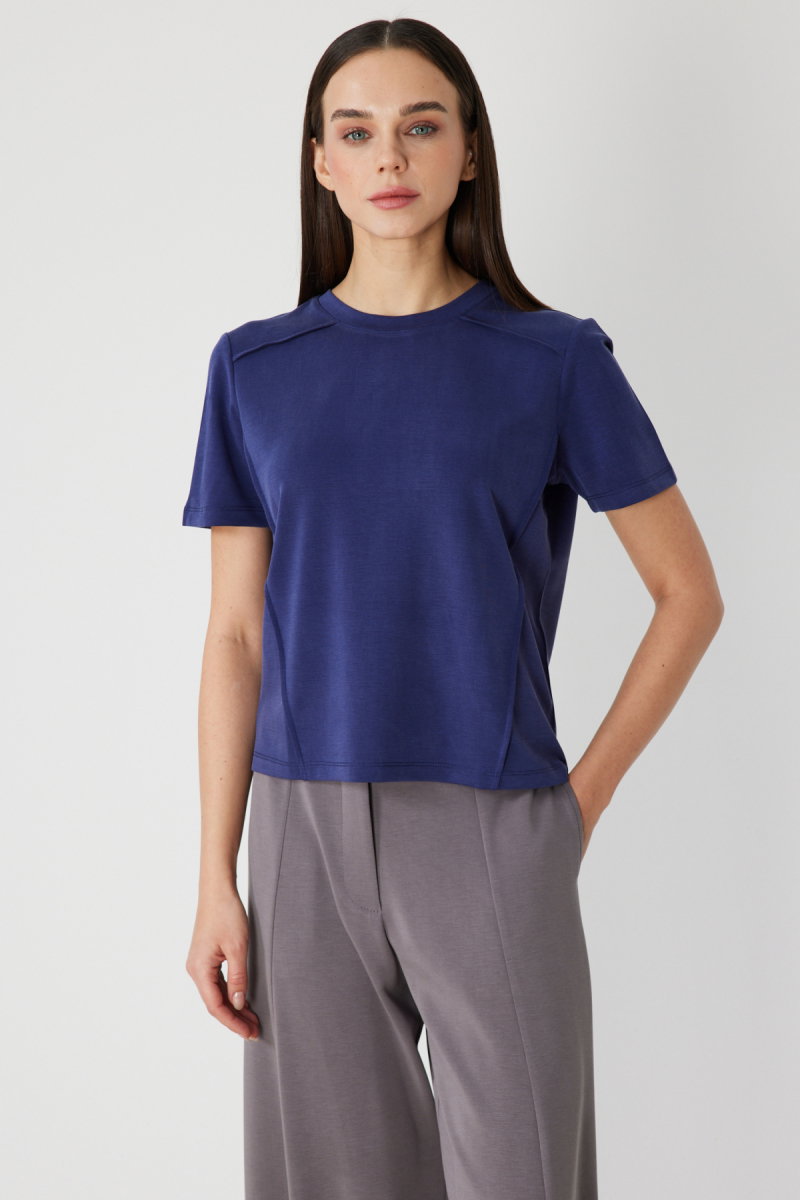 On Kadın Dikiş Detaylı Sıfır Yaka T-Shirt 71458 Indigo - 2