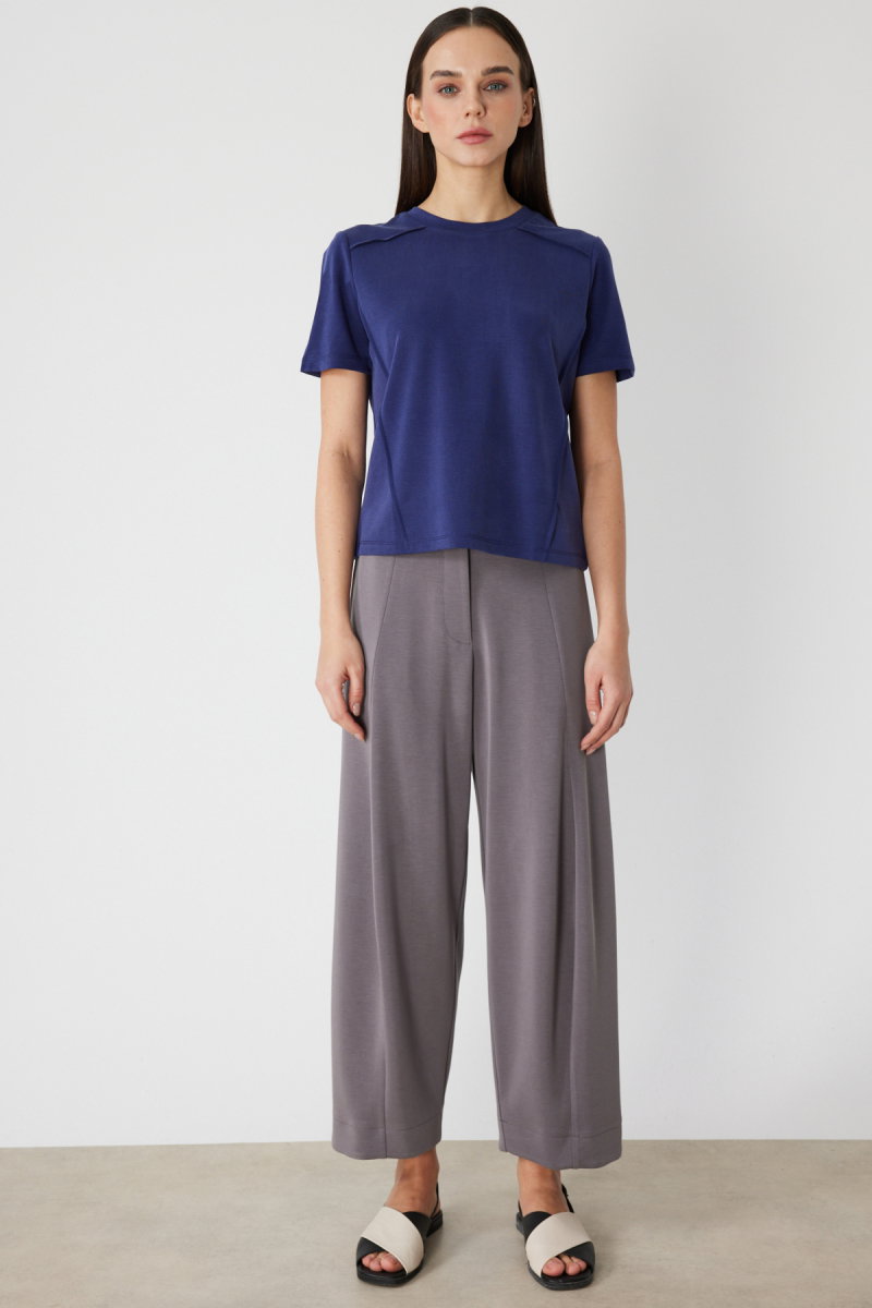 On Kadın Dikiş Detaylı Sıfır Yaka T-Shirt 71458 Indigo - 3