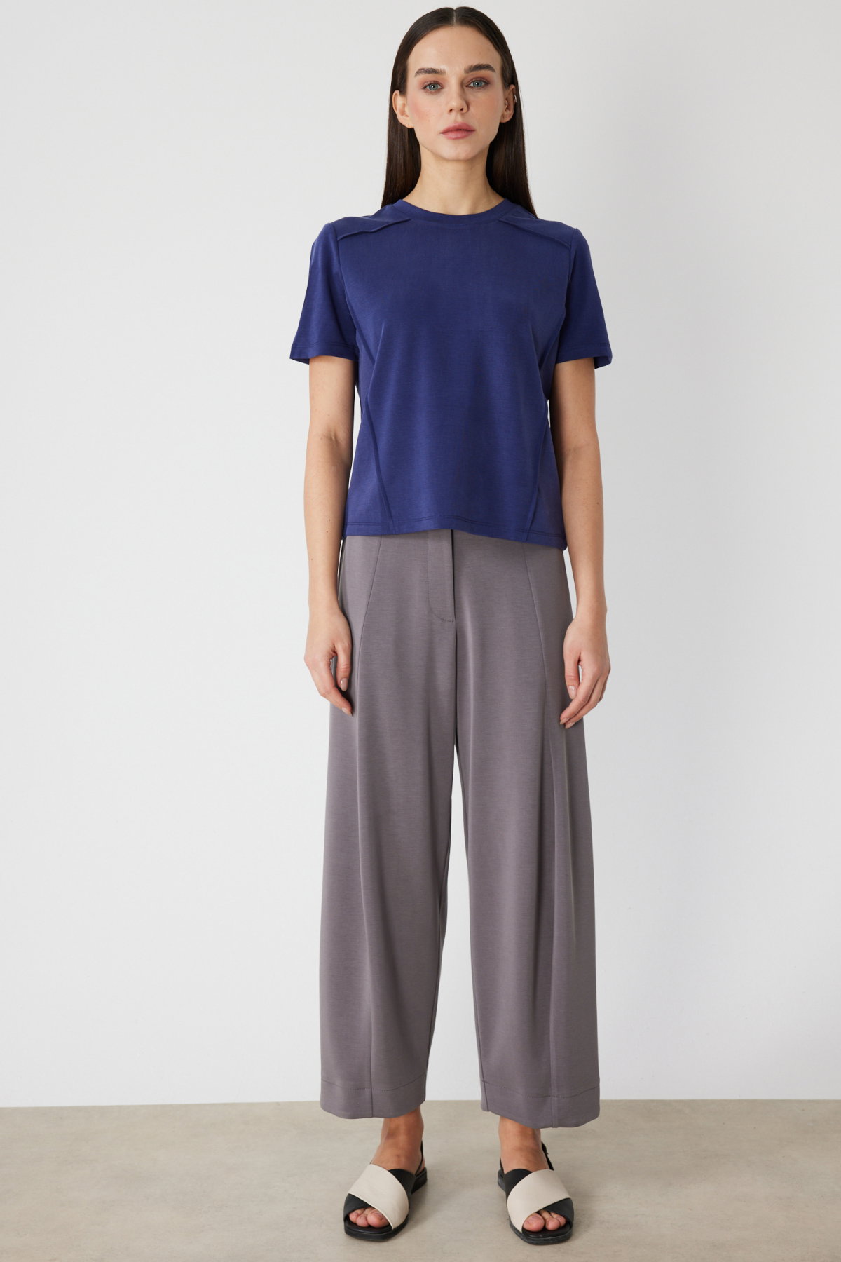 On Kadın Dikiş Detaylı Sıfır Yaka T-Shirt 71458 Indigo - 3