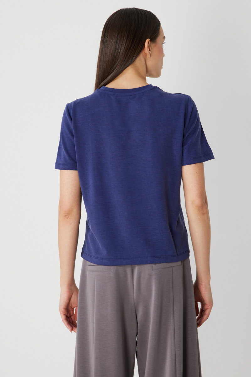 On Kadın Dikiş Detaylı Sıfır Yaka T-Shirt 71458 Indigo - 4