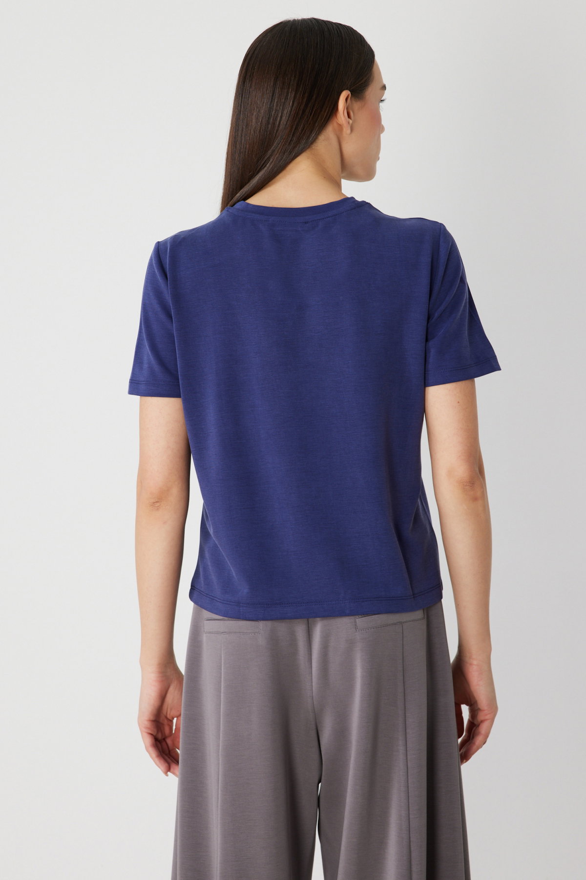 On Kadın Dikiş Detaylı Sıfır Yaka T-Shirt 71458 Indigo - 4