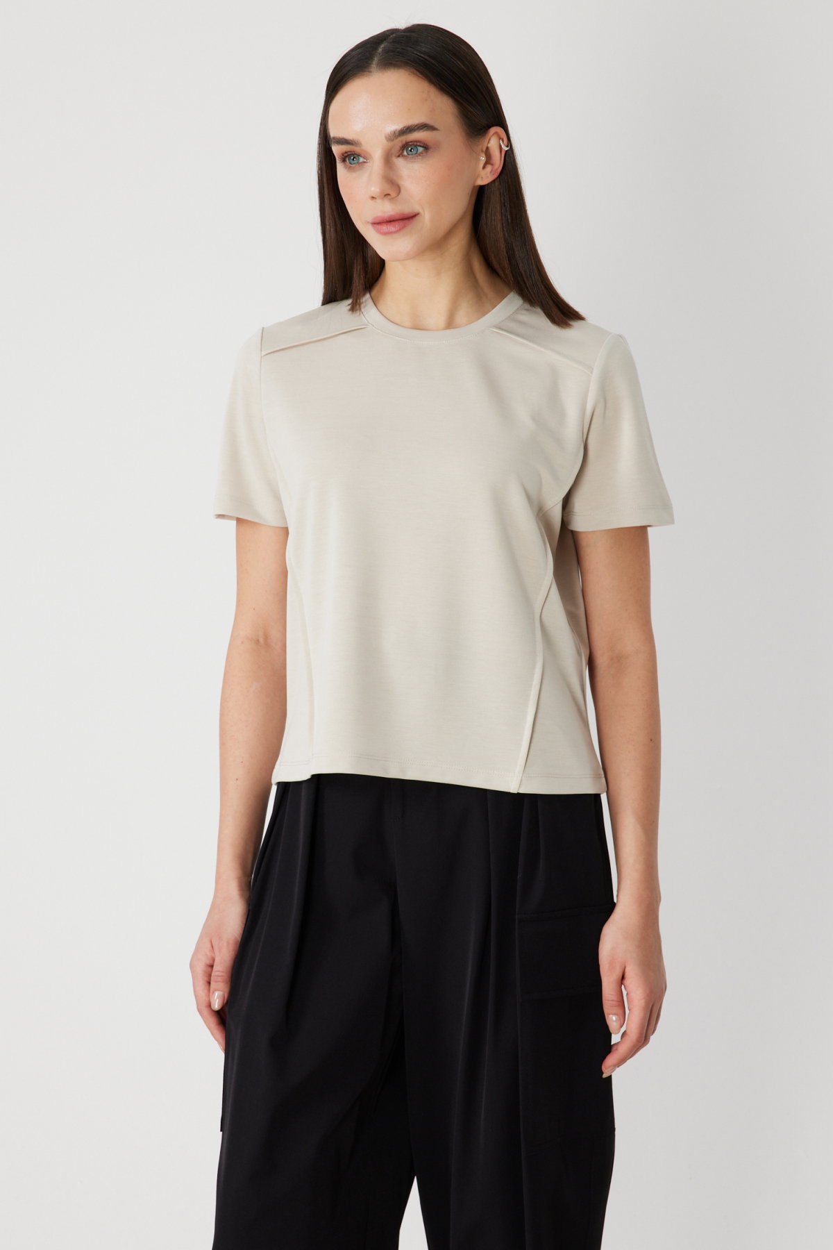 On Kadın Dikiş Detaylı Sıfır Yaka T-Shirt 71458 Kum - 2