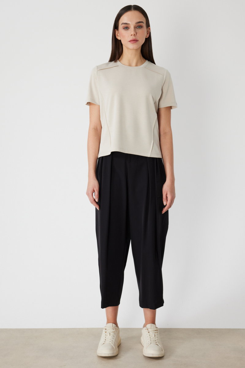 On Kadın Dikiş Detaylı Sıfır Yaka T-Shirt 71458 Kum - 3