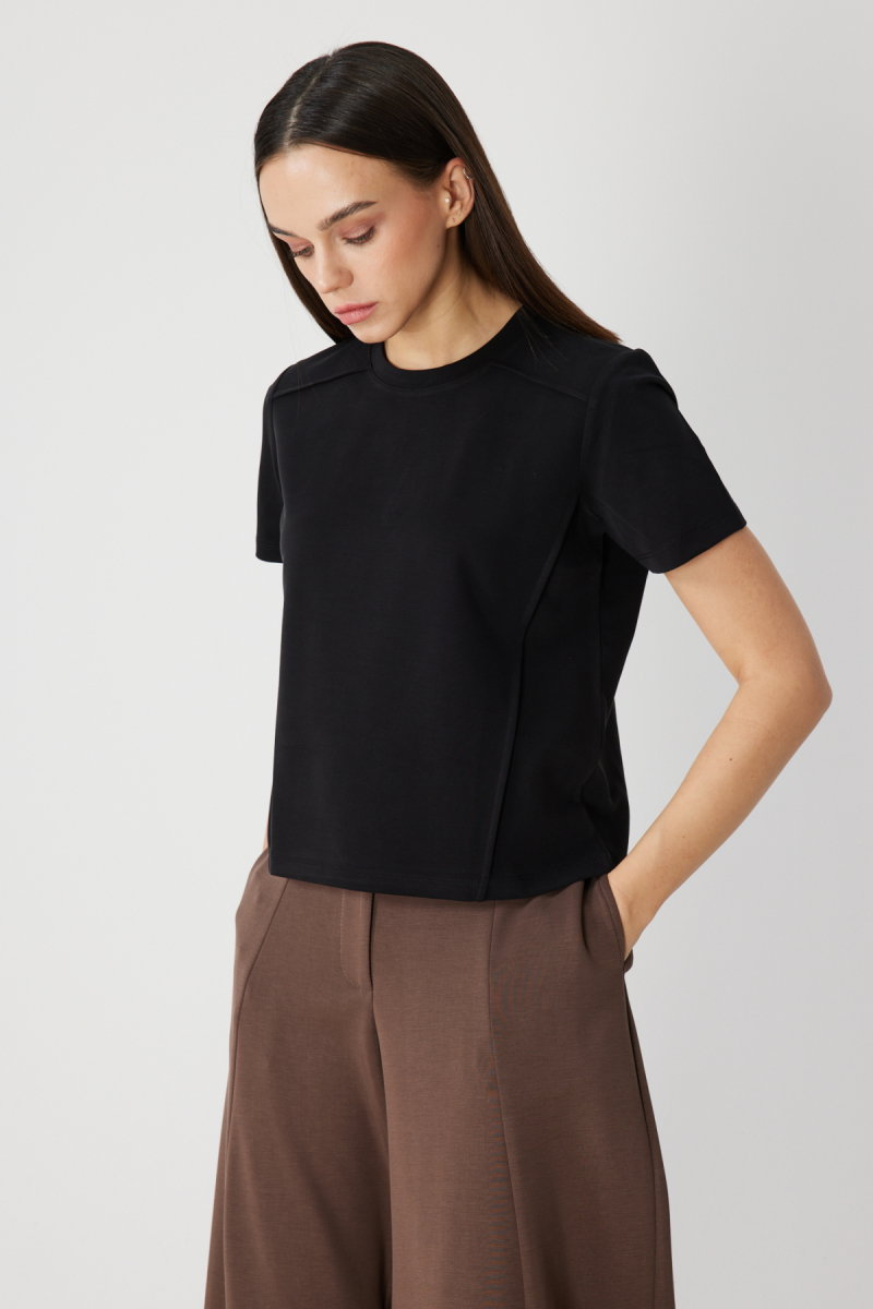 On Kadın Dikiş Detaylı Sıfır Yaka T-Shirt 71458 Siyah - 2