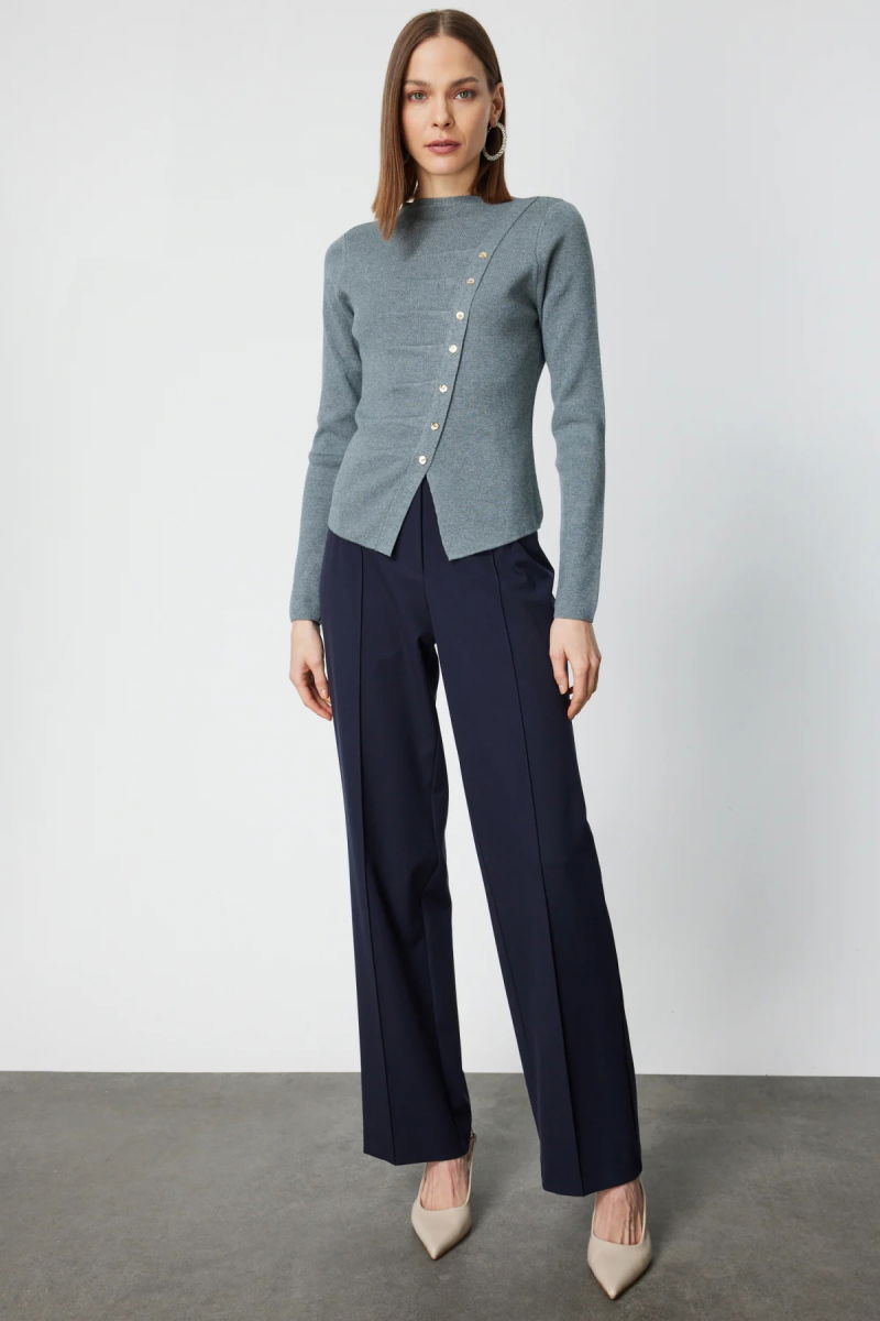 On Kadın Drape Detaylı Düğmeli Triko Kazak 65339 Gri - 3