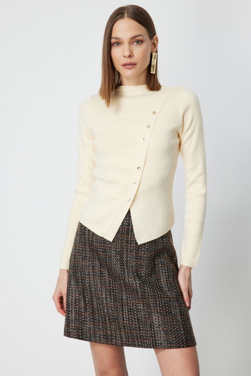 On Kadın Drape Detaylı Düğmeli Triko Kazak 65339 Krem - 2