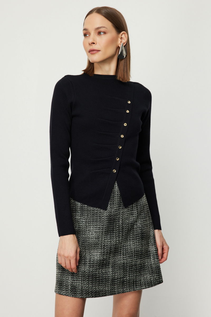 On Kadın Drape Detaylı Düğmeli Triko Kazak 65339 Siyah - 2