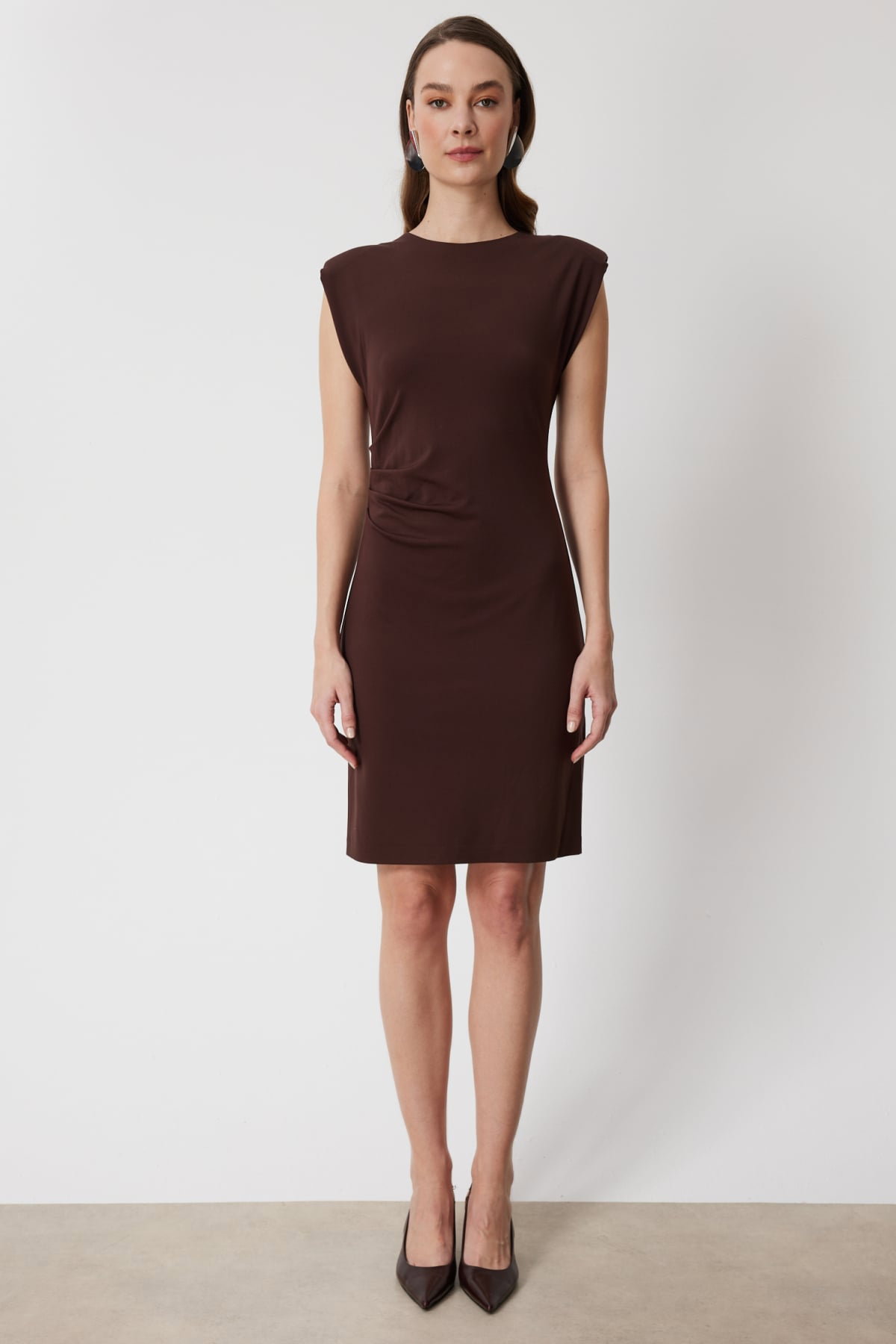 On Kadın Drapeli Kolsuz Midi Elbise 76480 Kahverengi - 1