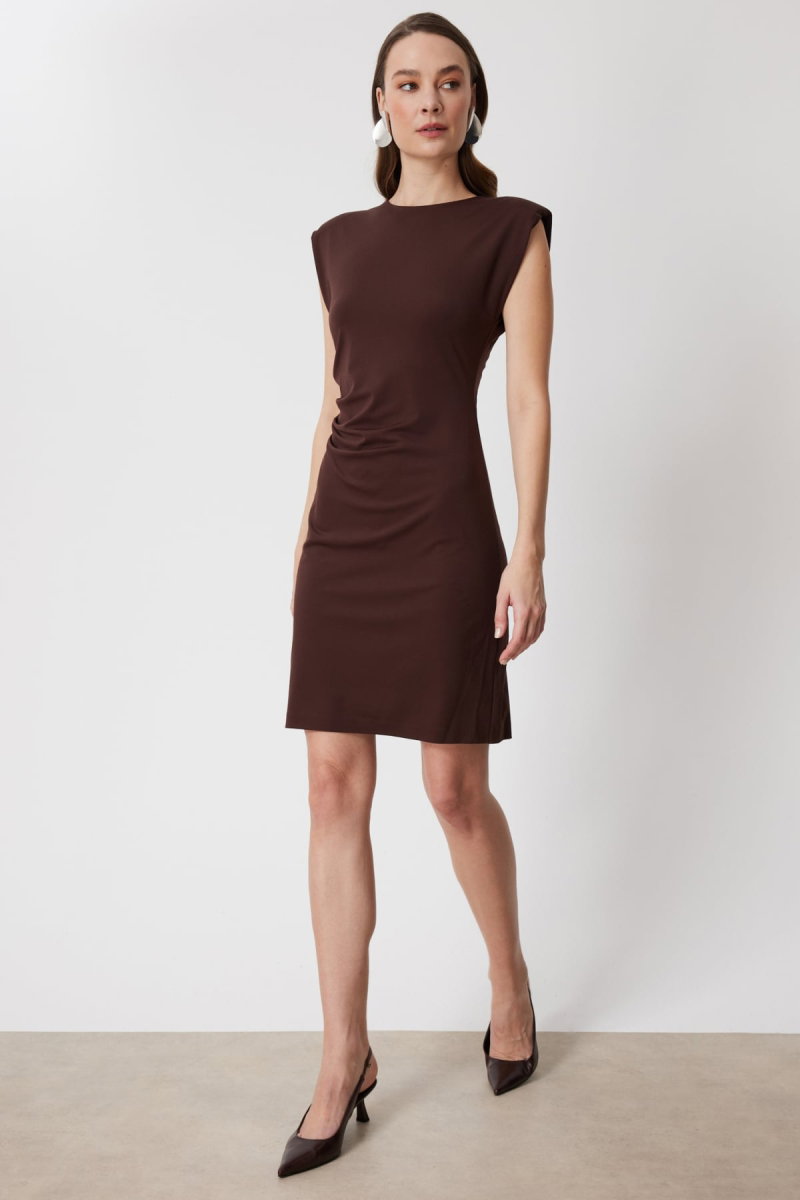 On Kadın Drapeli Kolsuz Midi Elbise 76480 Kahverengi - 2