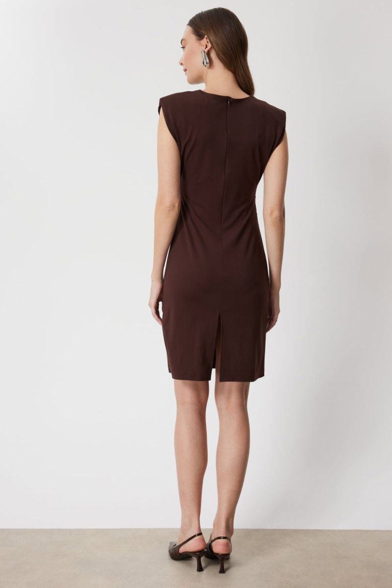 On Kadın Drapeli Kolsuz Midi Elbise 76480 Kahverengi - 5