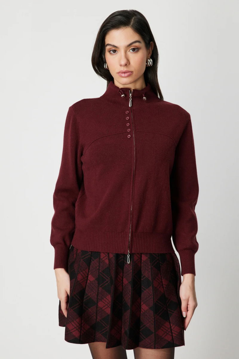 On Kadın Düğme Detaylı Dik Yaka Hırka 60952 Bordo 