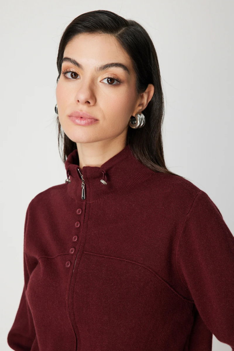 On Kadın Düğme Detaylı Dik Yaka Hırka 60952 Bordo - 2