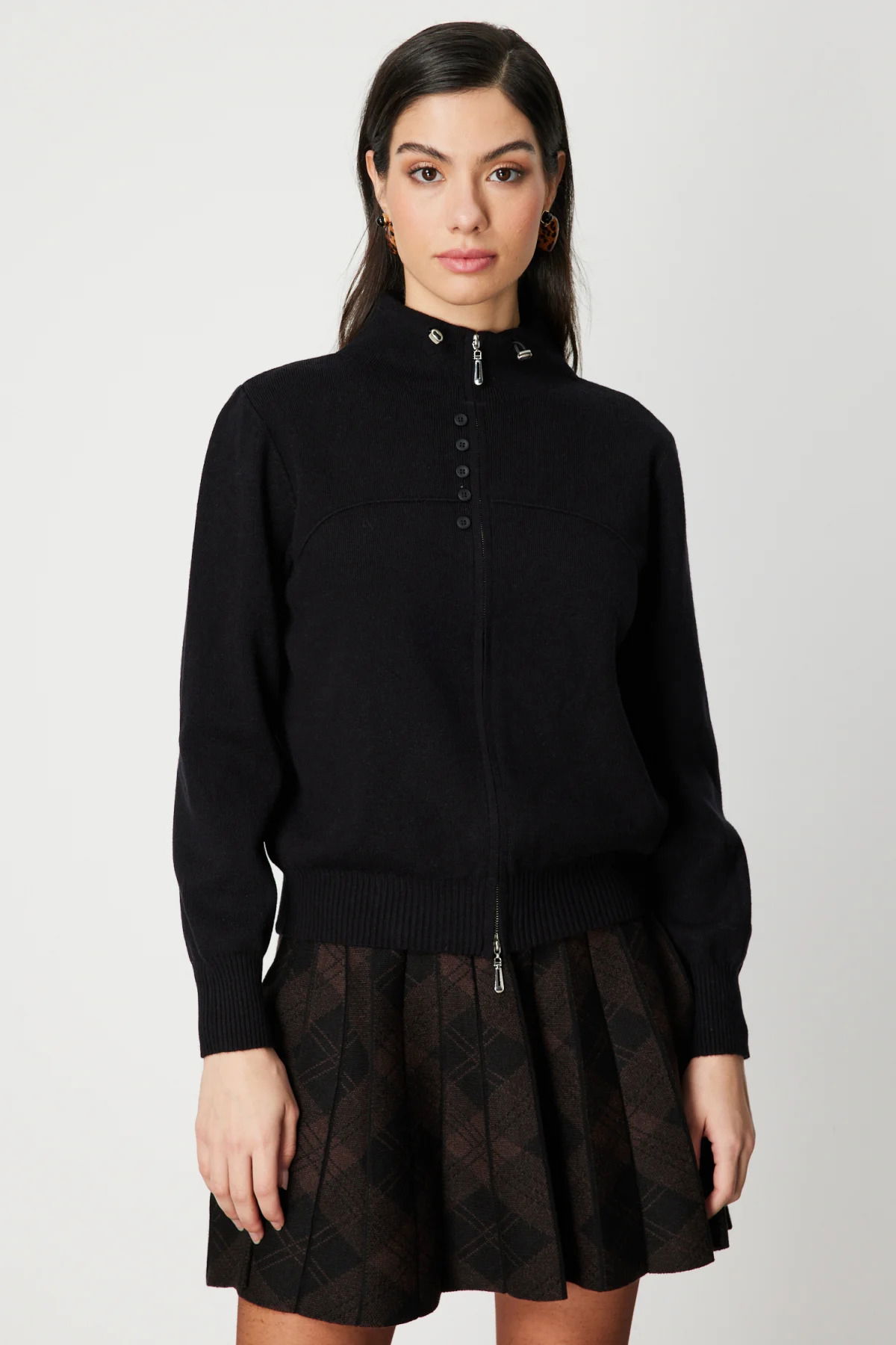 On Kadın Düğme Detaylı Dik Yaka Hırka 60952 Siyah - 1