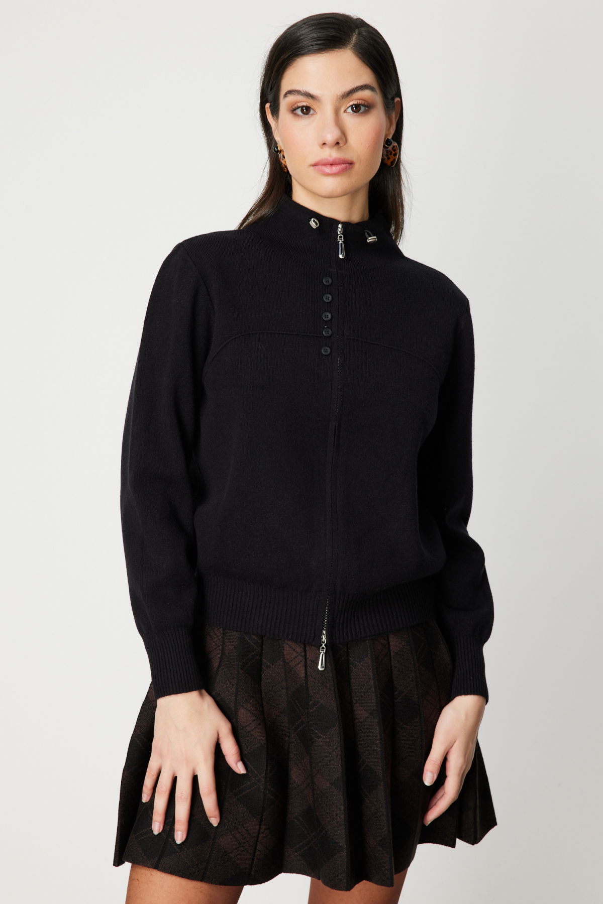 On Kadın Düğme Detaylı Dik Yaka Hırka 60952 Siyah - 2