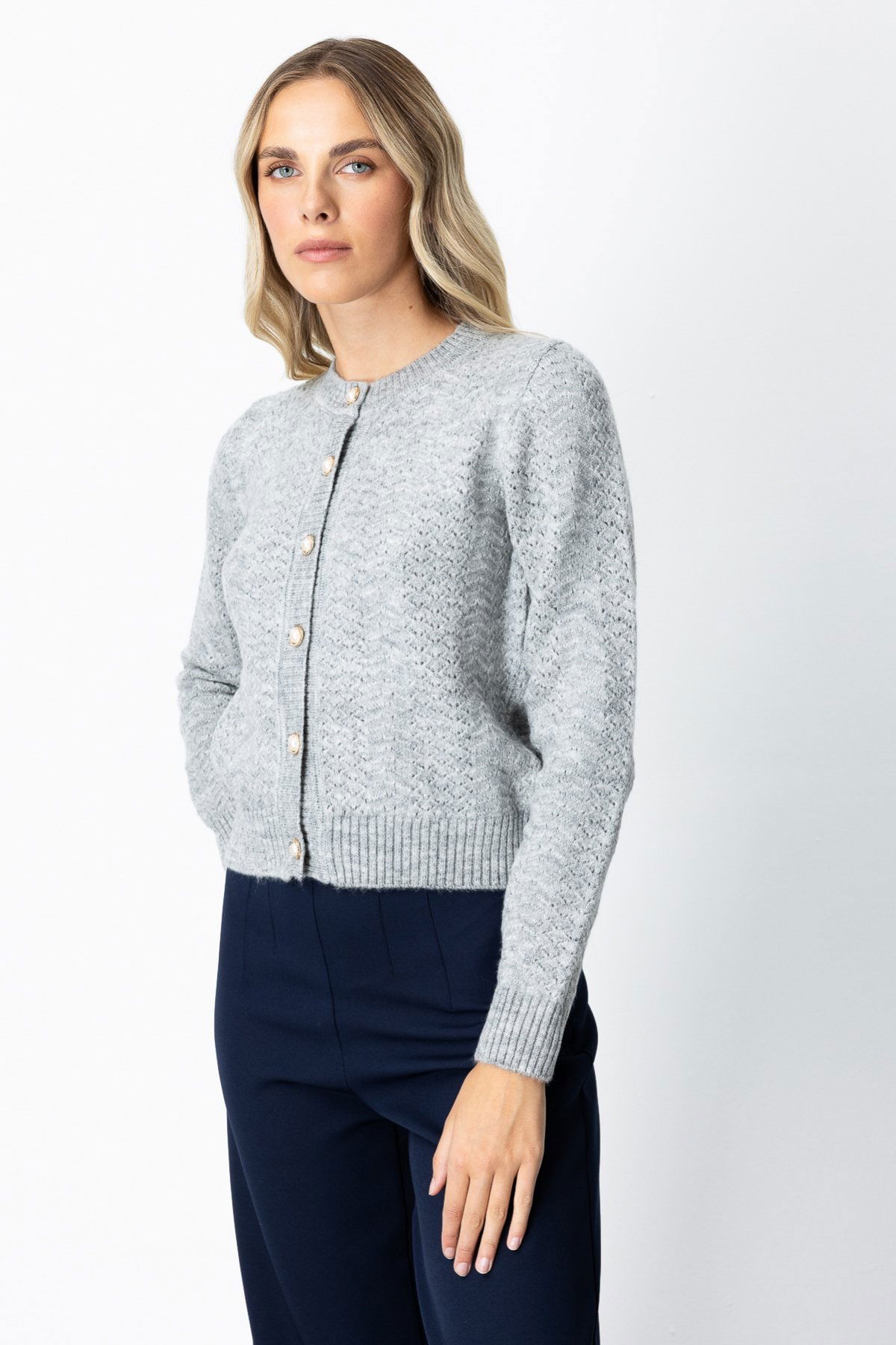 On Kadın Düğmeli Sıfır Yaka Hırka 63903 Gri - 2