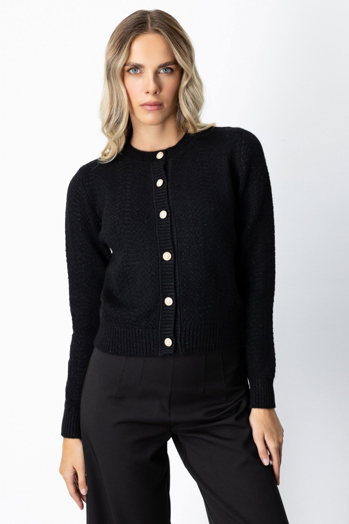 On Kadın Düğmeli Sıfır Yaka Hırka 63903 Siyah - 1