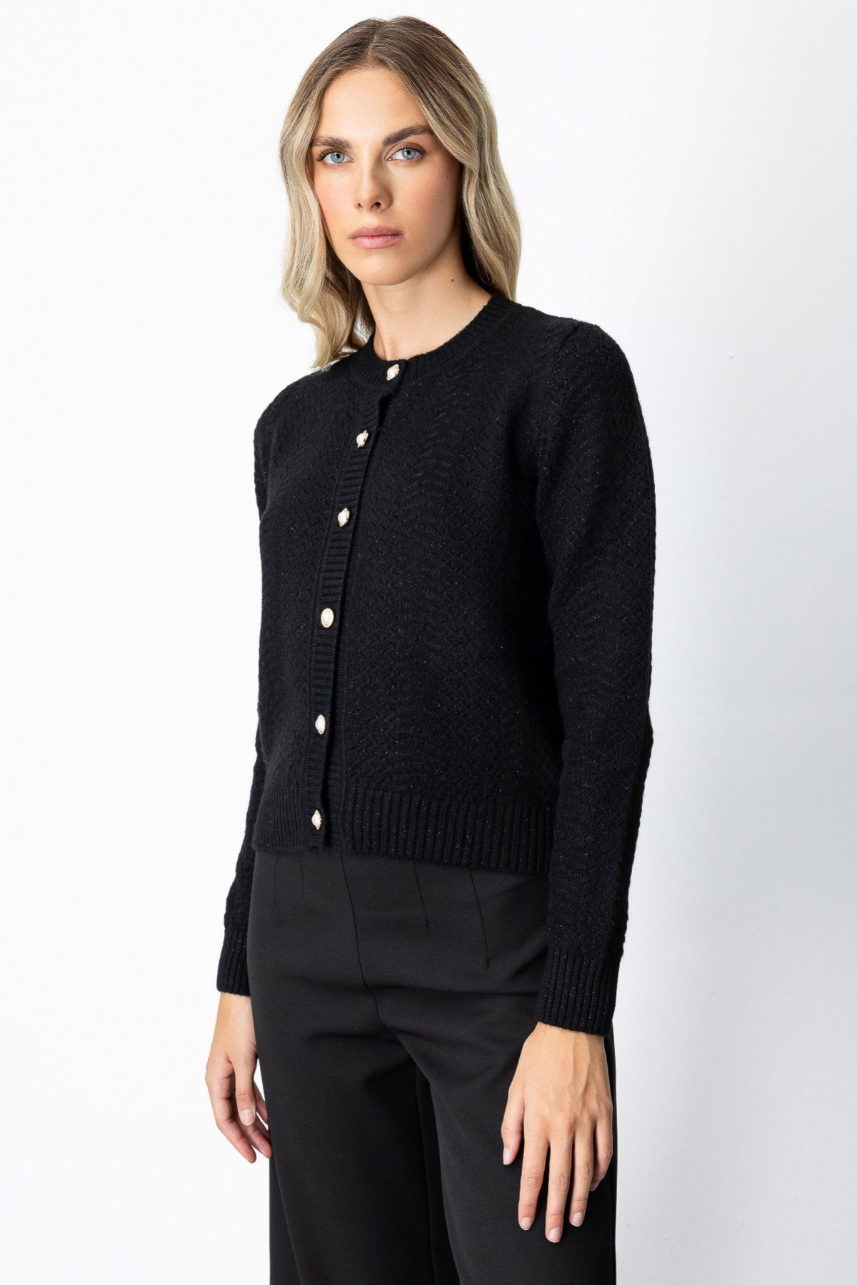 On Kadın Düğmeli Sıfır Yaka Hırka 63903 Siyah - 2