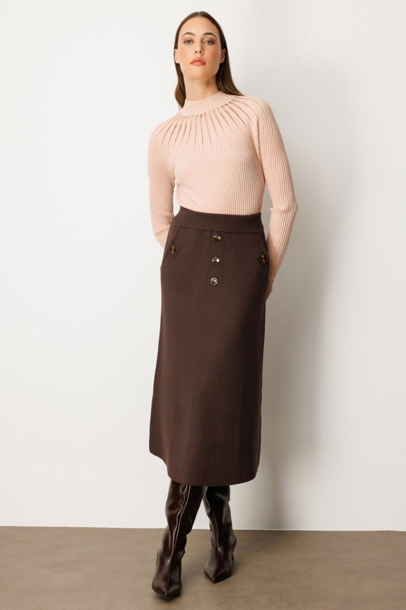 On Kadın Düğmeli Triko Etek 65207 Kahverengi - On