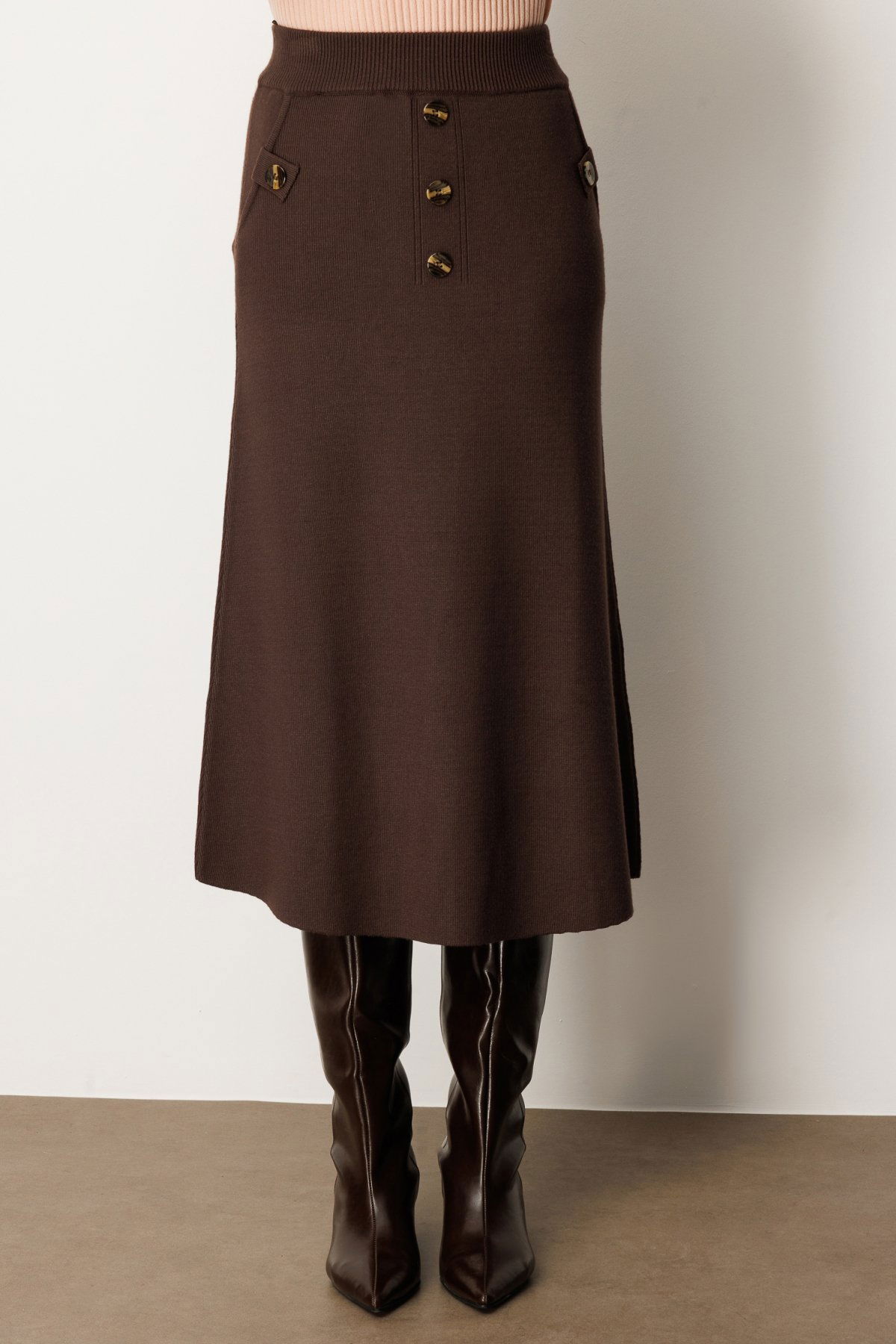 On Kadın Düğmeli Triko Etek 65207 Kahverengi - 3