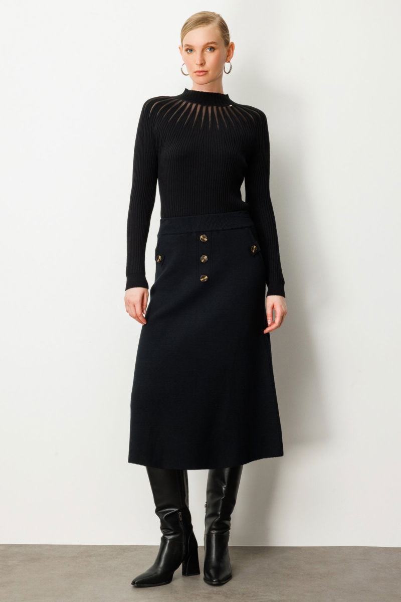 On Kadın Düğmeli Triko Etek 65207 Siyah - On