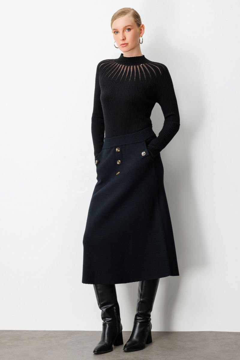 On Kadın Düğmeli Triko Etek 65207 Siyah - 2