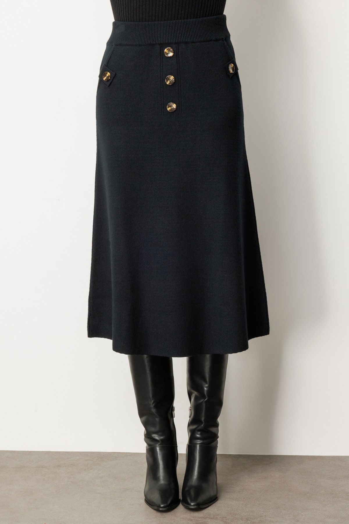 On Kadın Düğmeli Triko Etek 65207 Siyah - 3