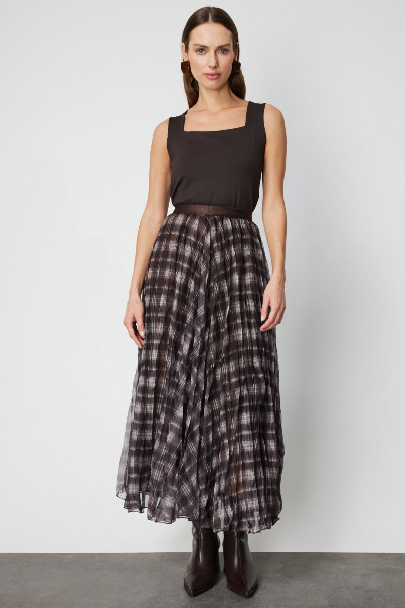 On Kadın Ekoseli Pileli Maxi Boy Etek 60214 Kahverengi - On