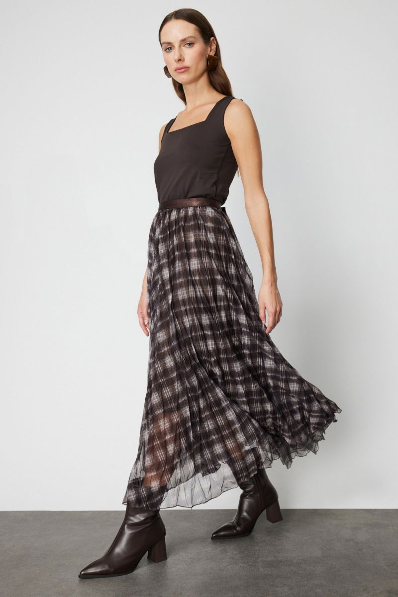 On Kadın Ekoseli Pileli Maxi Boy Etek 60214 Kahverengi - 2