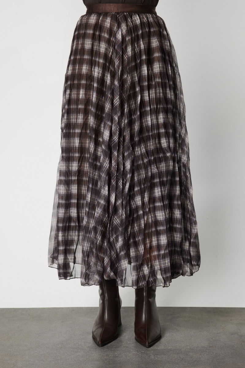 On Kadın Ekoseli Pileli Maxi Boy Etek 60214 Kahverengi - 3