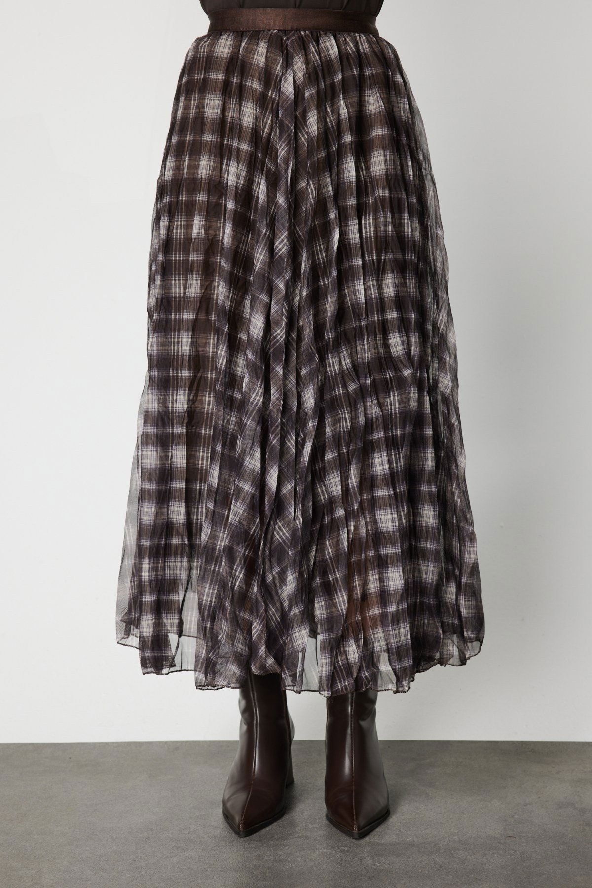 On Kadın Ekoseli Pileli Maxi Boy Etek 60214 Kahverengi - 3