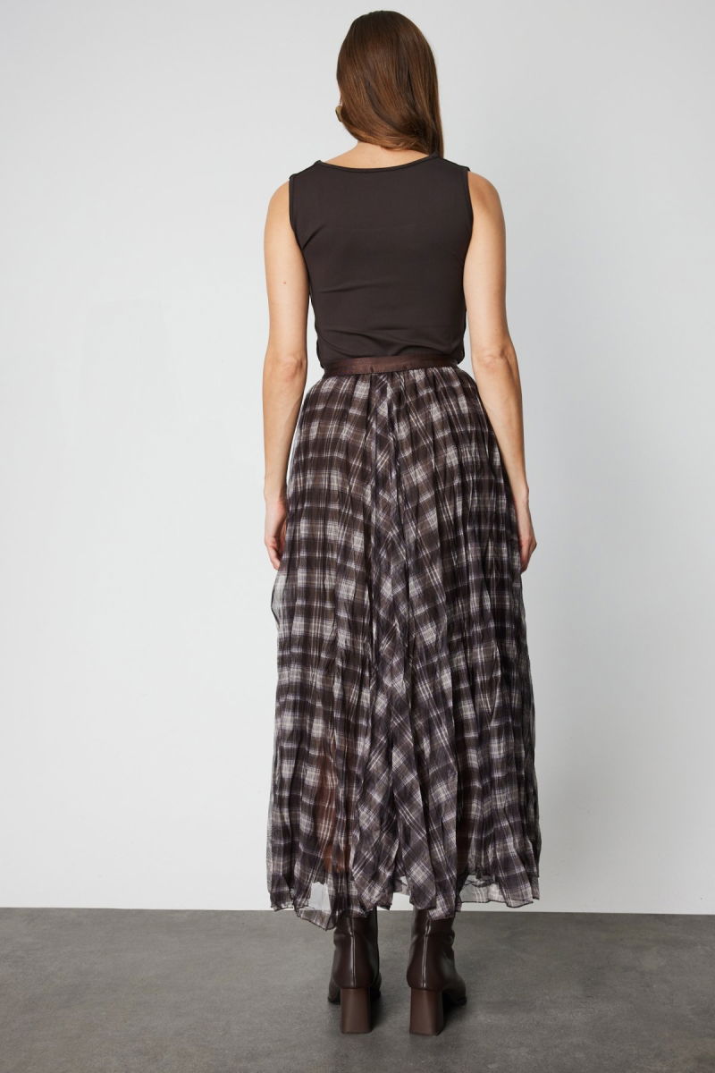 On Kadın Ekoseli Pileli Maxi Boy Etek 60214 Kahverengi - 4