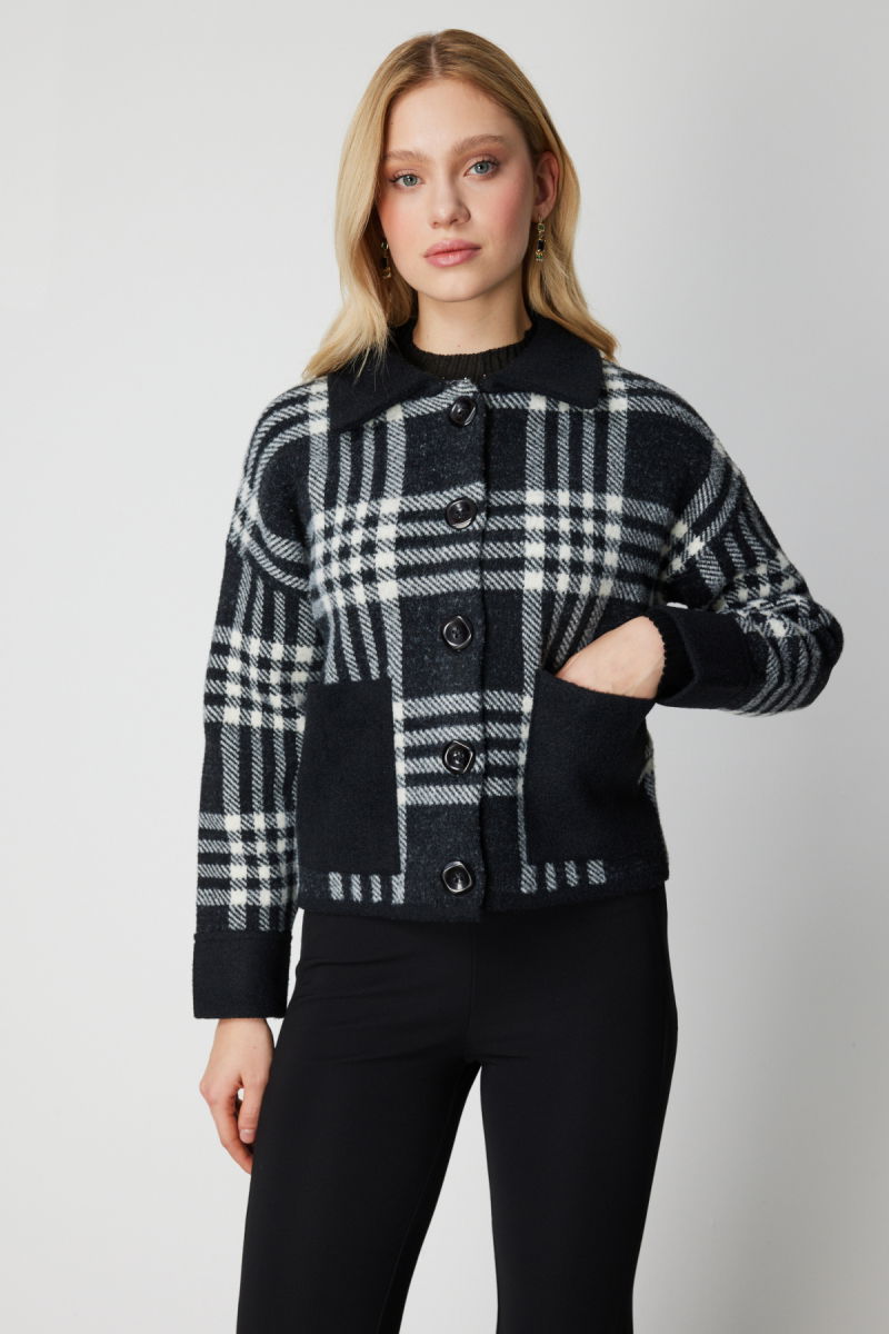 On Kadın Ekoseli Torba Cepli Hırka 65928 Siyah - 2