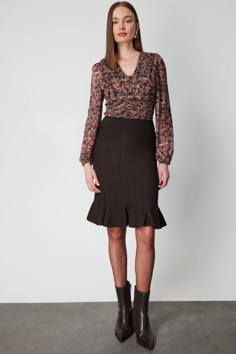 On Kadın Eteği Pileli Diz Üstü Triko Etek 65200 Kahverengi - 2