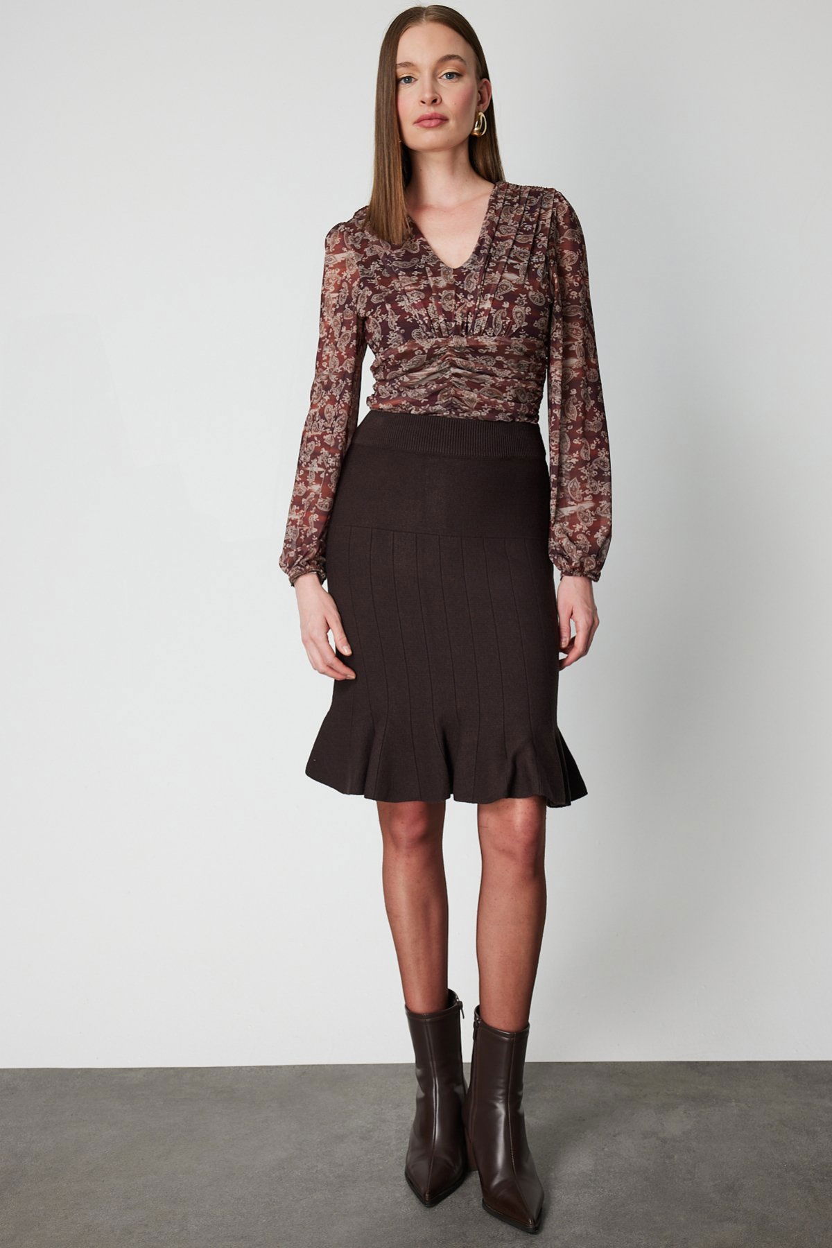 On Kadın Eteği Pileli Diz Üstü Triko Etek 65200 Kahverengi - 2