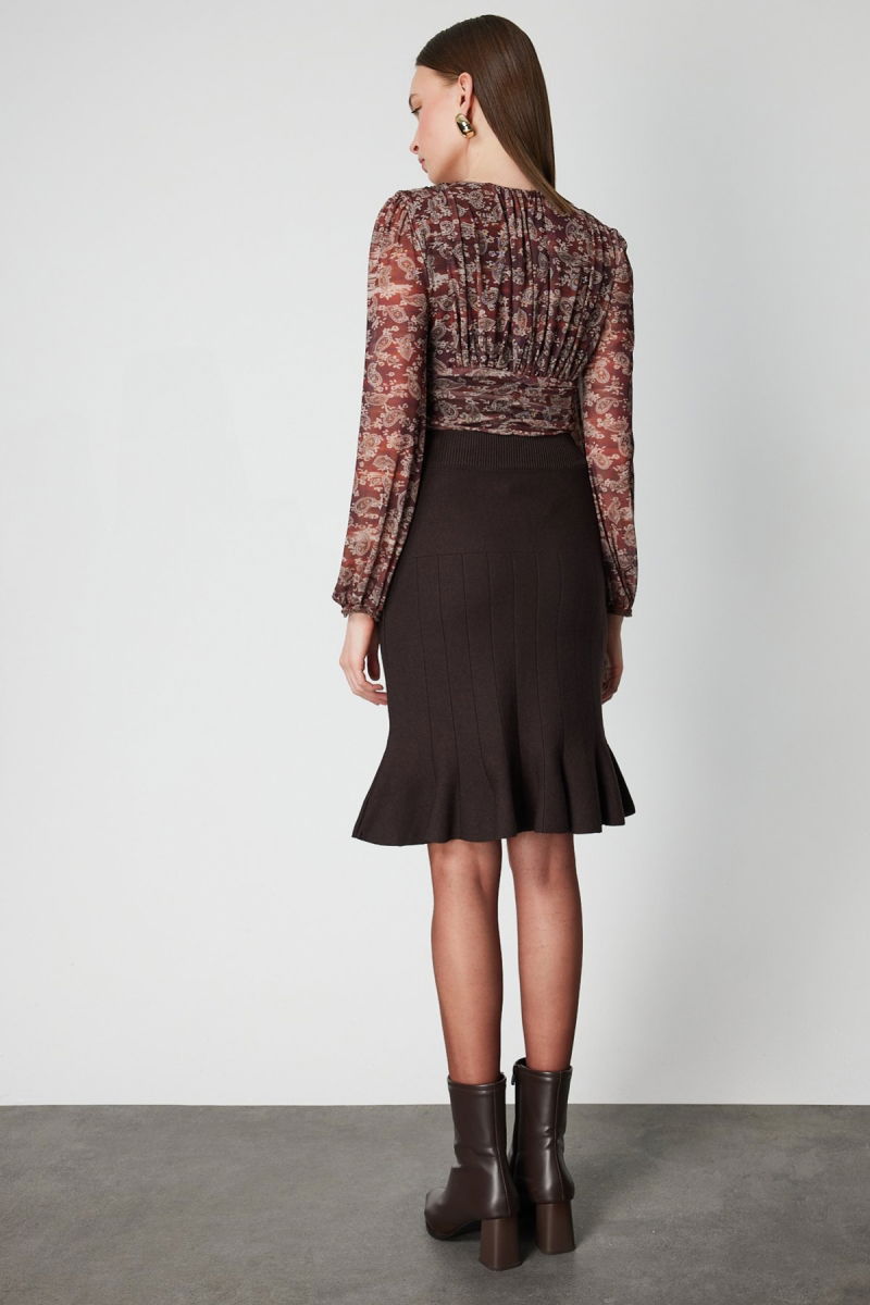 On Kadın Eteği Pileli Diz Üstü Triko Etek 65200 Kahverengi - 4