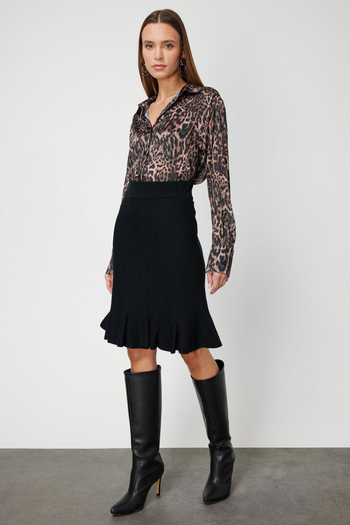 On Kadın Eteği Pileli Diz Üstü Triko Etek 65200 Siyah - 2