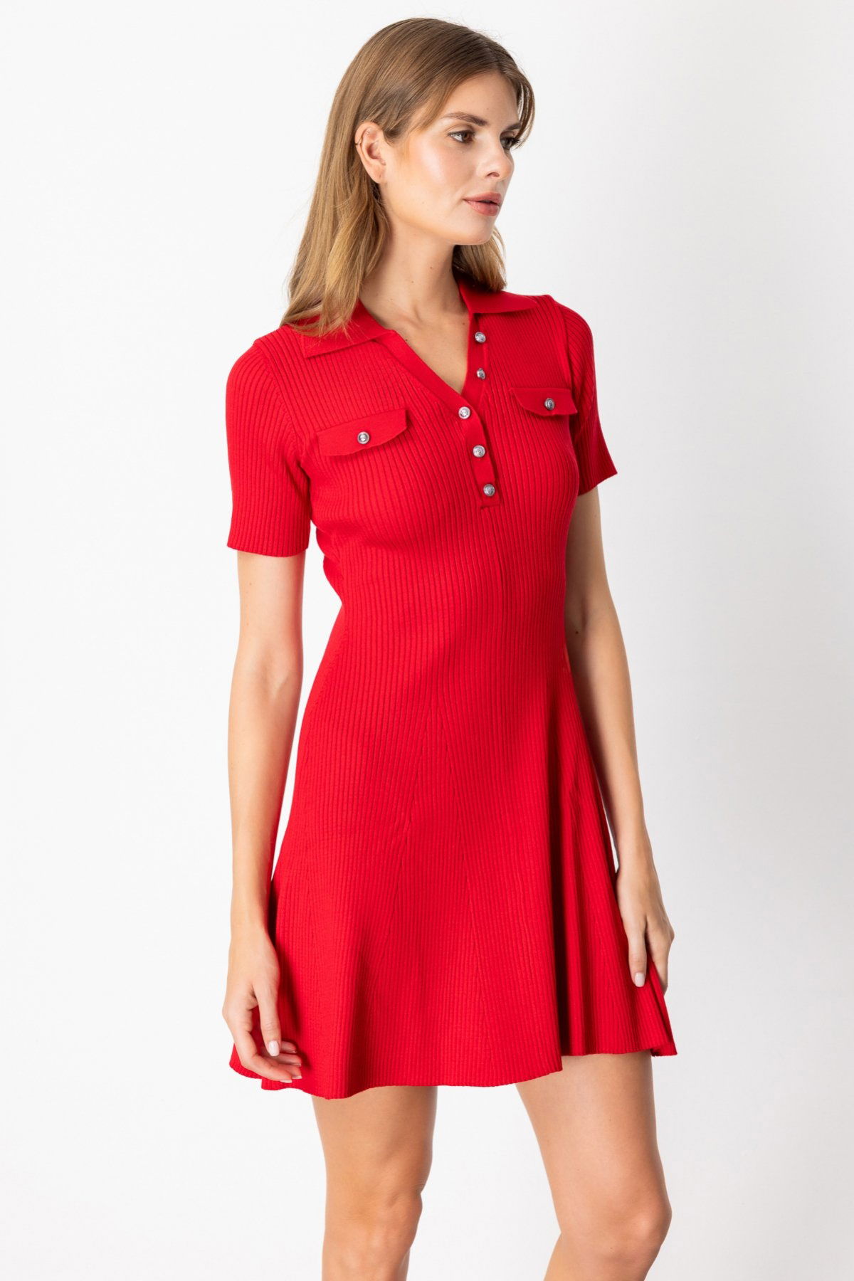 On Kadın Eteği Volanlı Mini Triko Elbise 65401 Kırmızı - 3