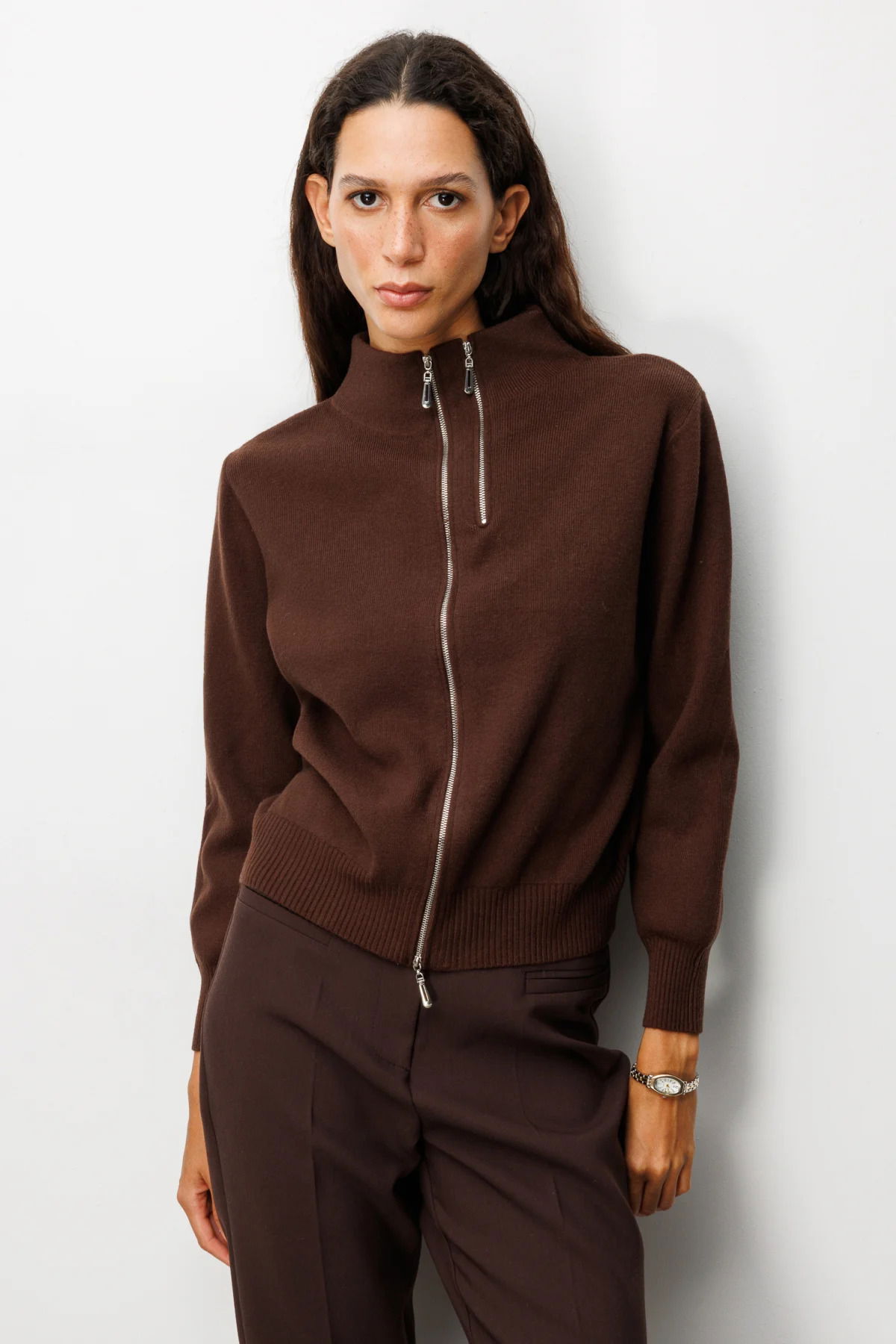 On Kadın Fermuarlı Dik Yaka Triko Hırka 60953 Kahverengi - 1