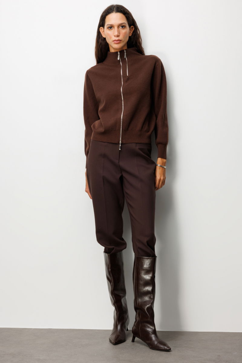 On Kadın Fermuarlı Dik Yaka Triko Hırka 60953 Kahverengi - 3