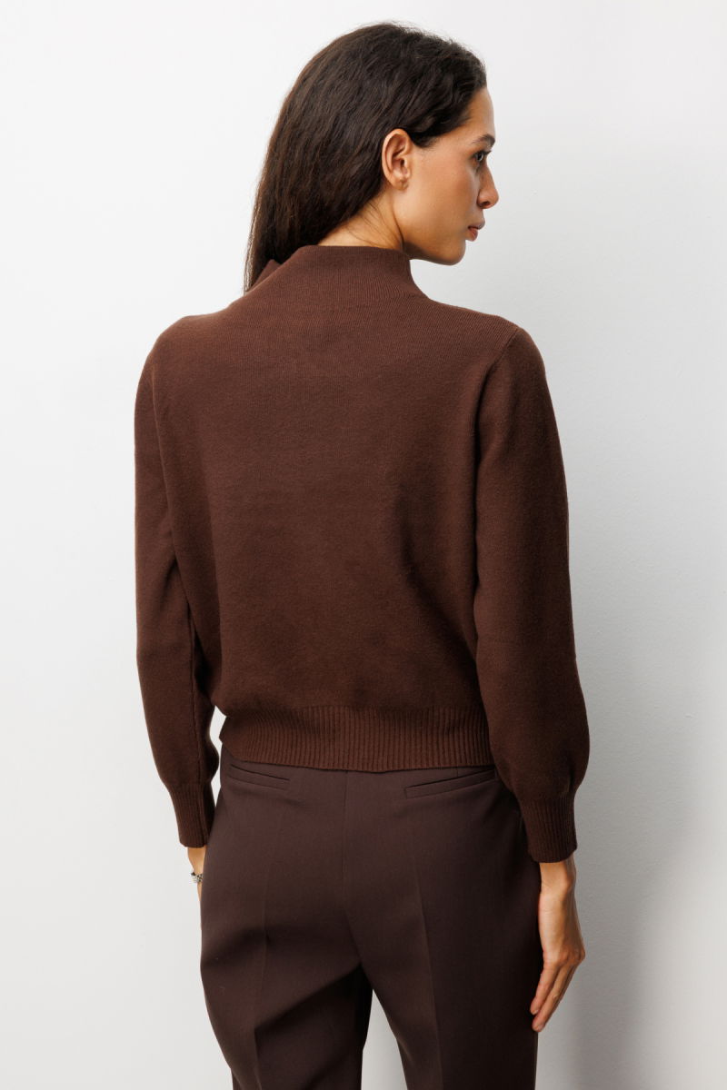 On Kadın Fermuarlı Dik Yaka Triko Hırka 60953 Kahverengi - 4