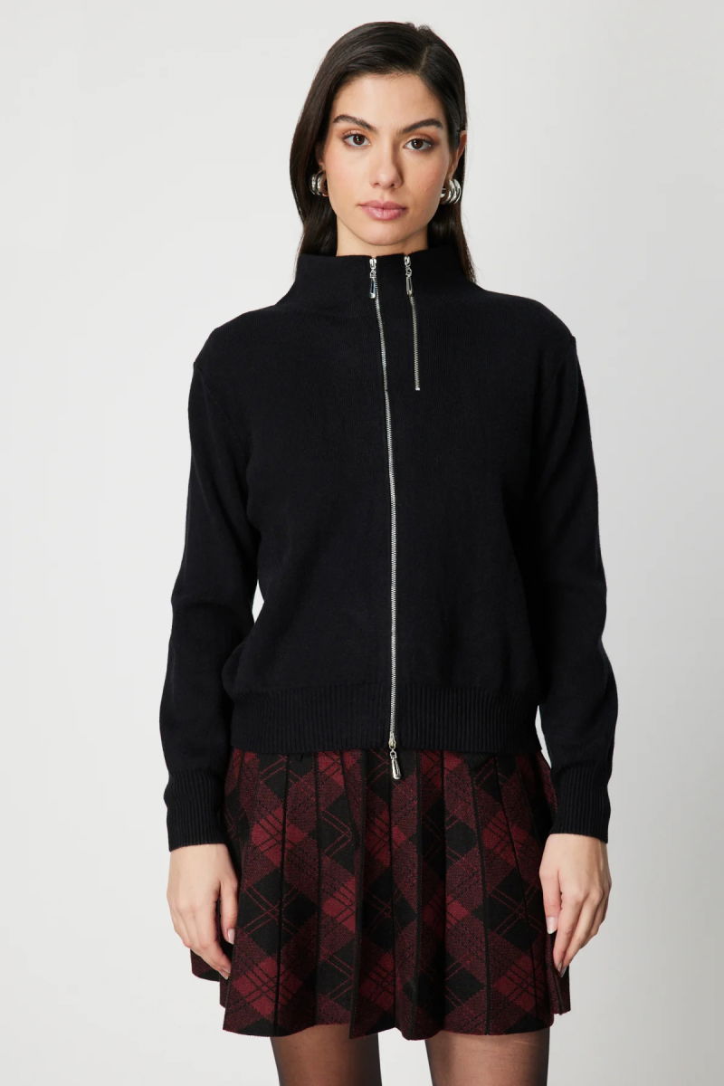 On Kadın Fermuarlı Dik Yaka Triko Hırka 60953 Siyah - On