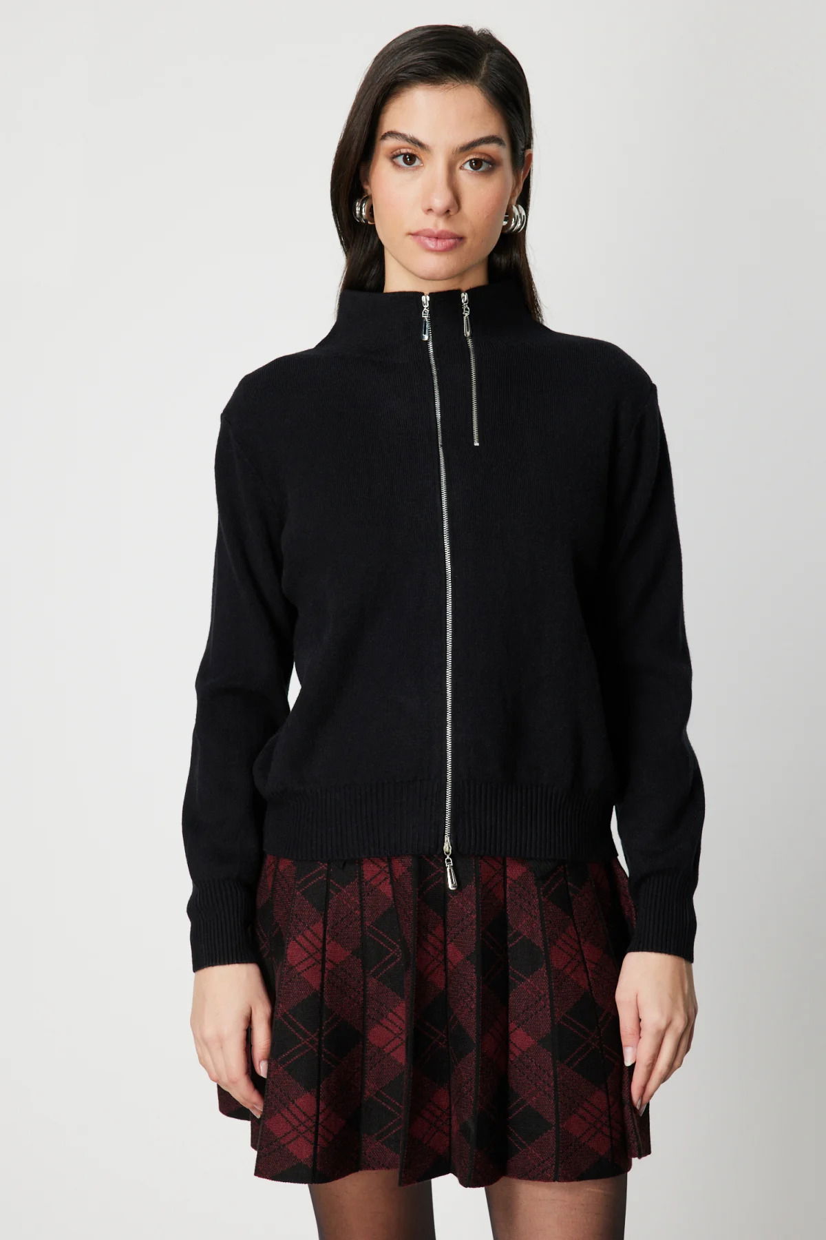 On Kadın Fermuarlı Dik Yaka Triko Hırka 60953 Siyah - 1