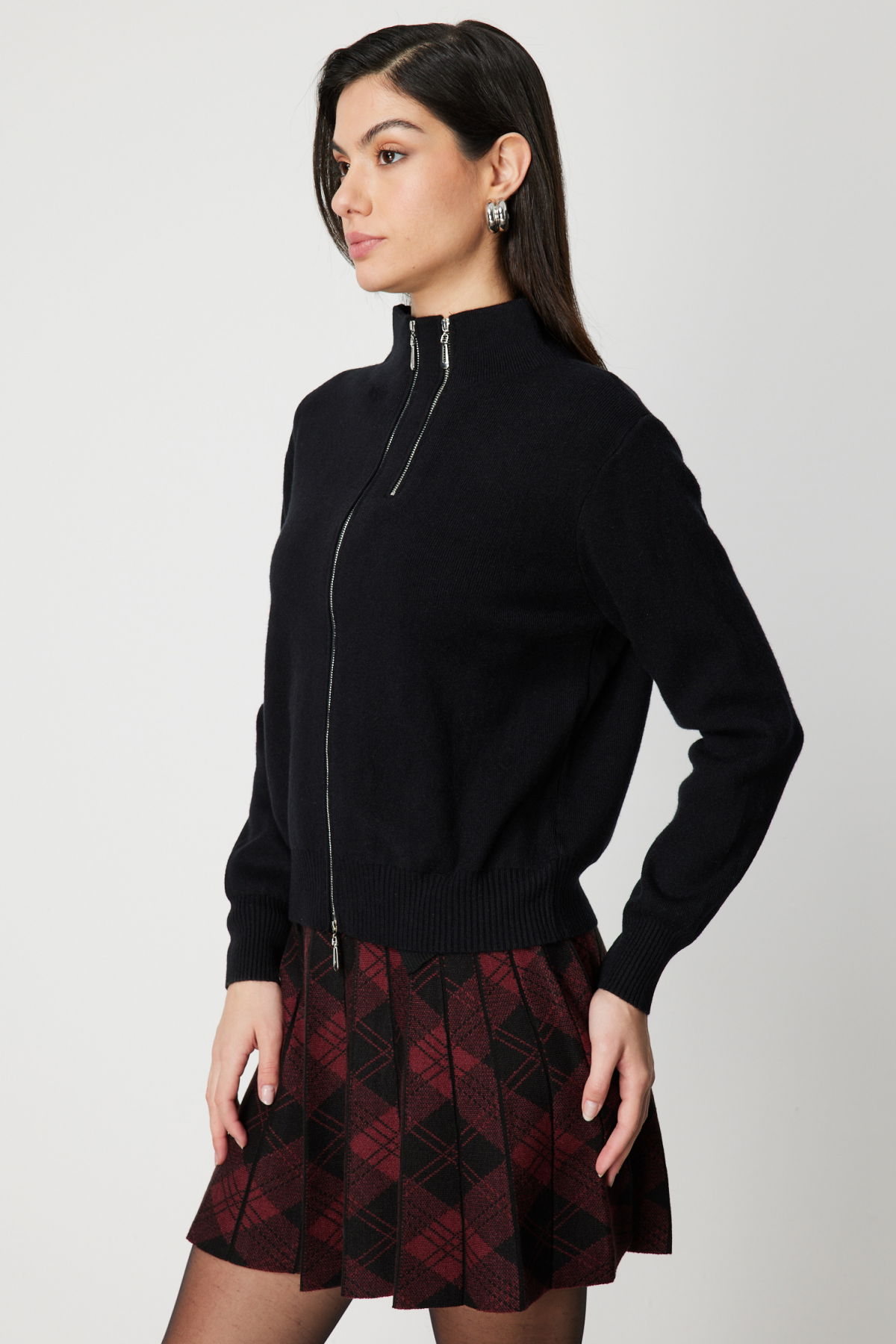 On Kadın Fermuarlı Dik Yaka Triko Hırka 60953 Siyah - 2