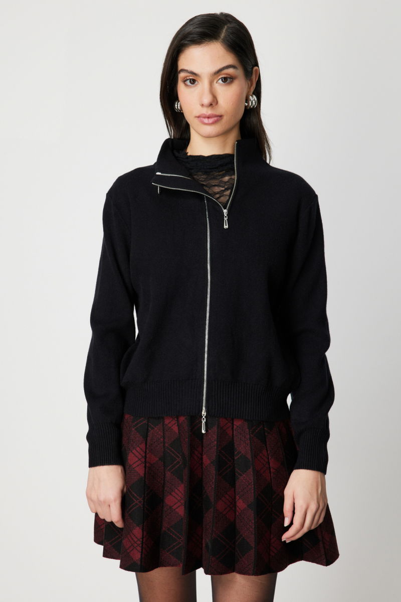 On Kadın Fermuarlı Dik Yaka Triko Hırka 60953 Siyah - 3