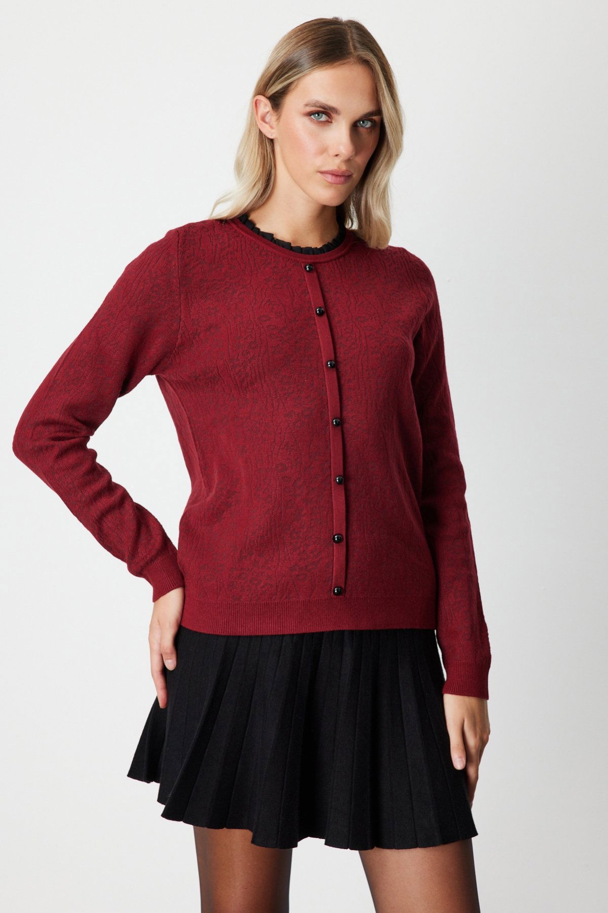 On Kadın Fırfır Detaylı Triko Kazak 65368 Bordo - 2