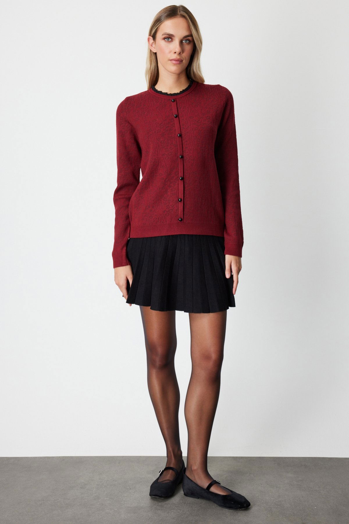 On Kadın Fırfır Detaylı Triko Kazak 65368 Bordo - 3